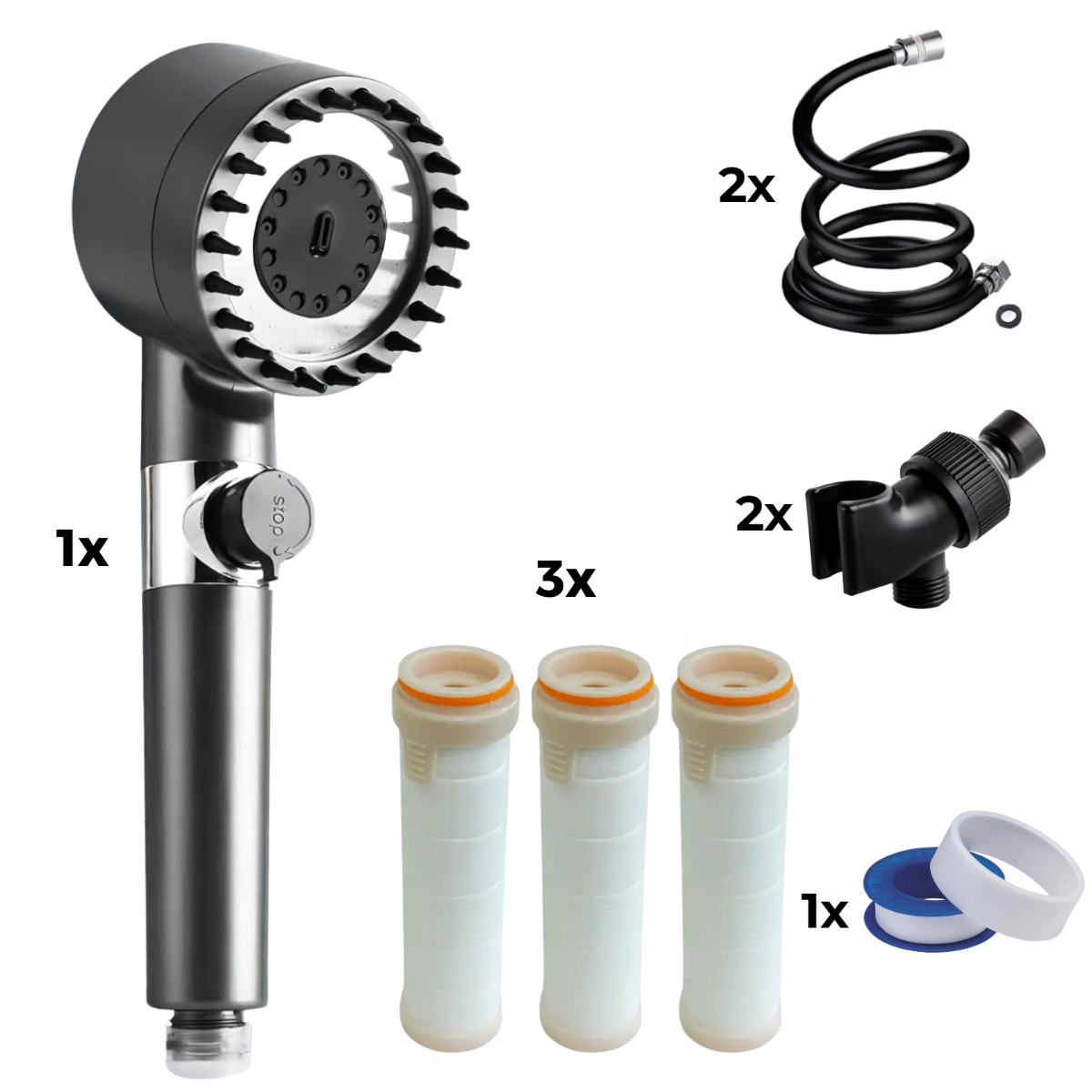 Brusehoved + 2x Slange + 2x Adapter + 3x Filter + Teflontape